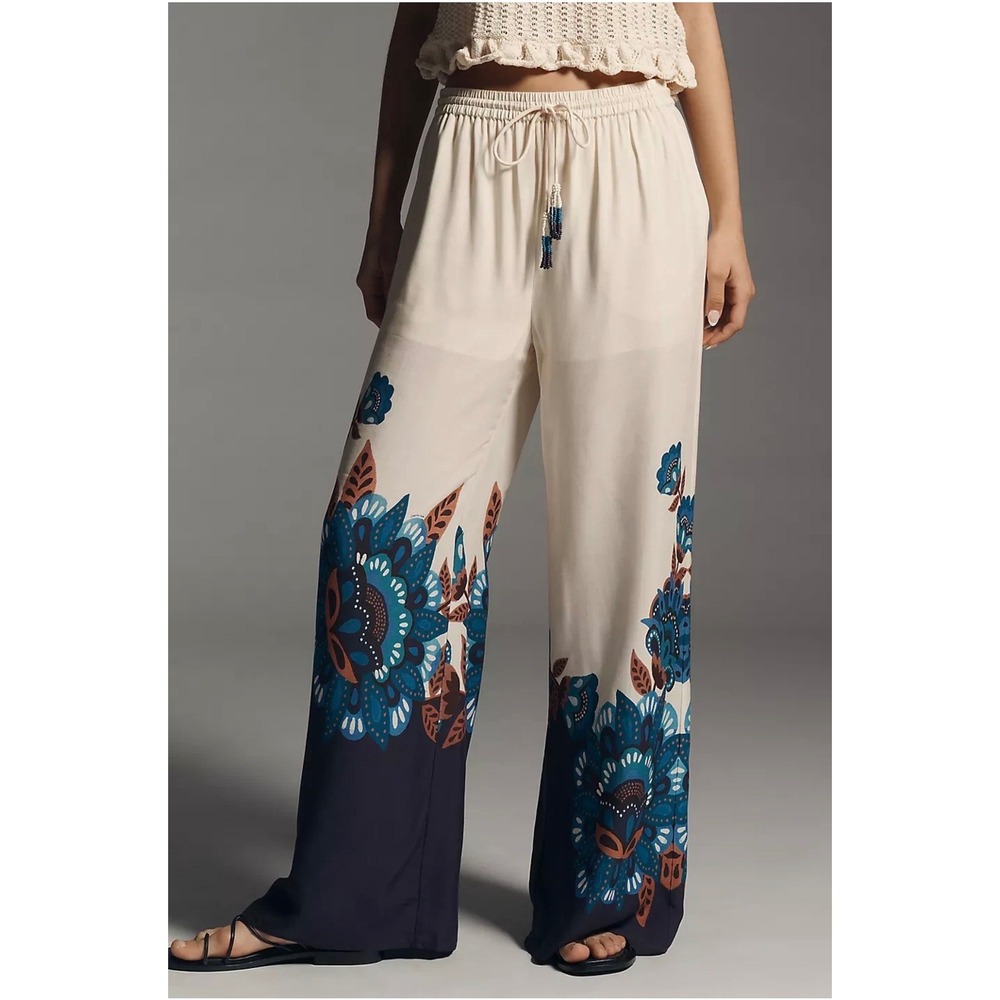 Farm Rio Anthropologie Floral Wide Leg Pants Cream Navy Blue Beaded Tassel Small - Picture 1 of 14